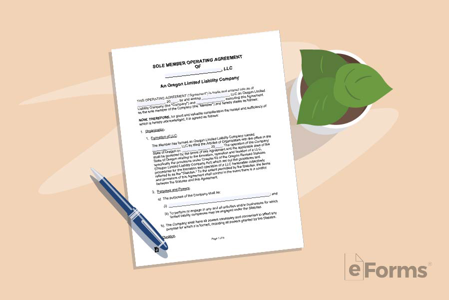 Operating agreement document with pen and potted plant.
