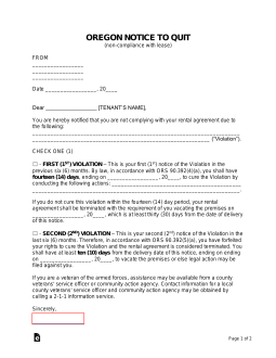 Oregon 10/14-Day Notice to Quit Form | Non-Compliance