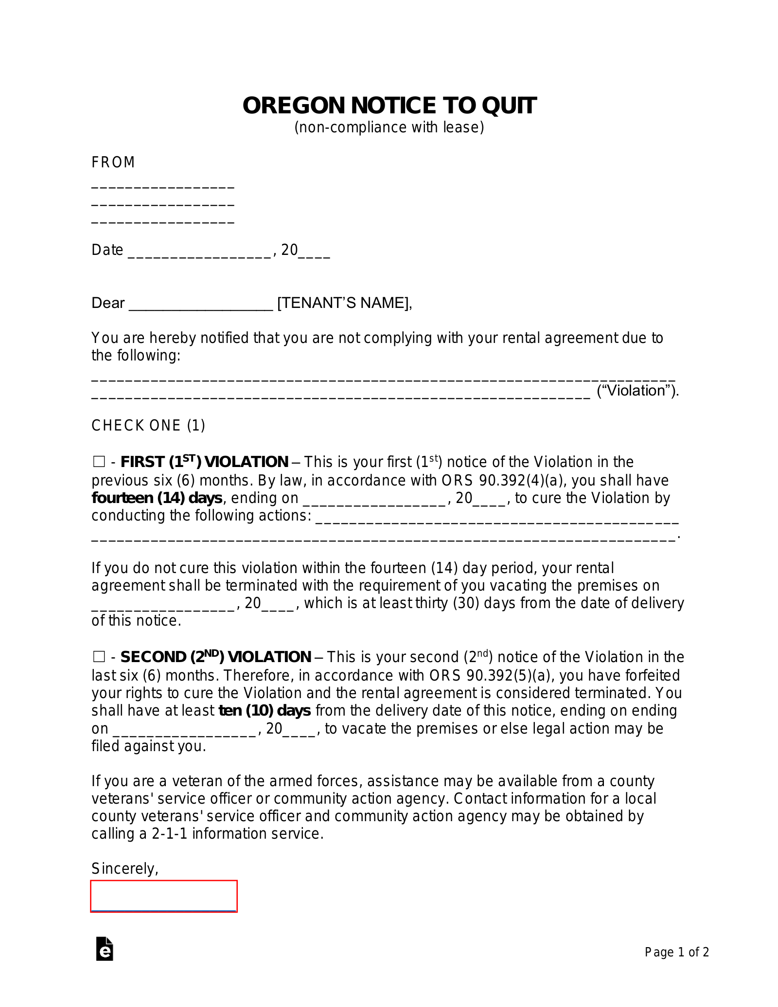 Free Oregon 10/14 Day Notice to Quit Form Non Compliance PDF Word