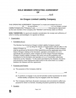 Oregon Single Member LLC Operating Agreement Form