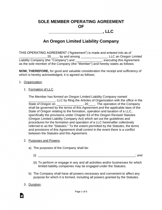 Oregon Single-Member LLC Operating Agreement Form