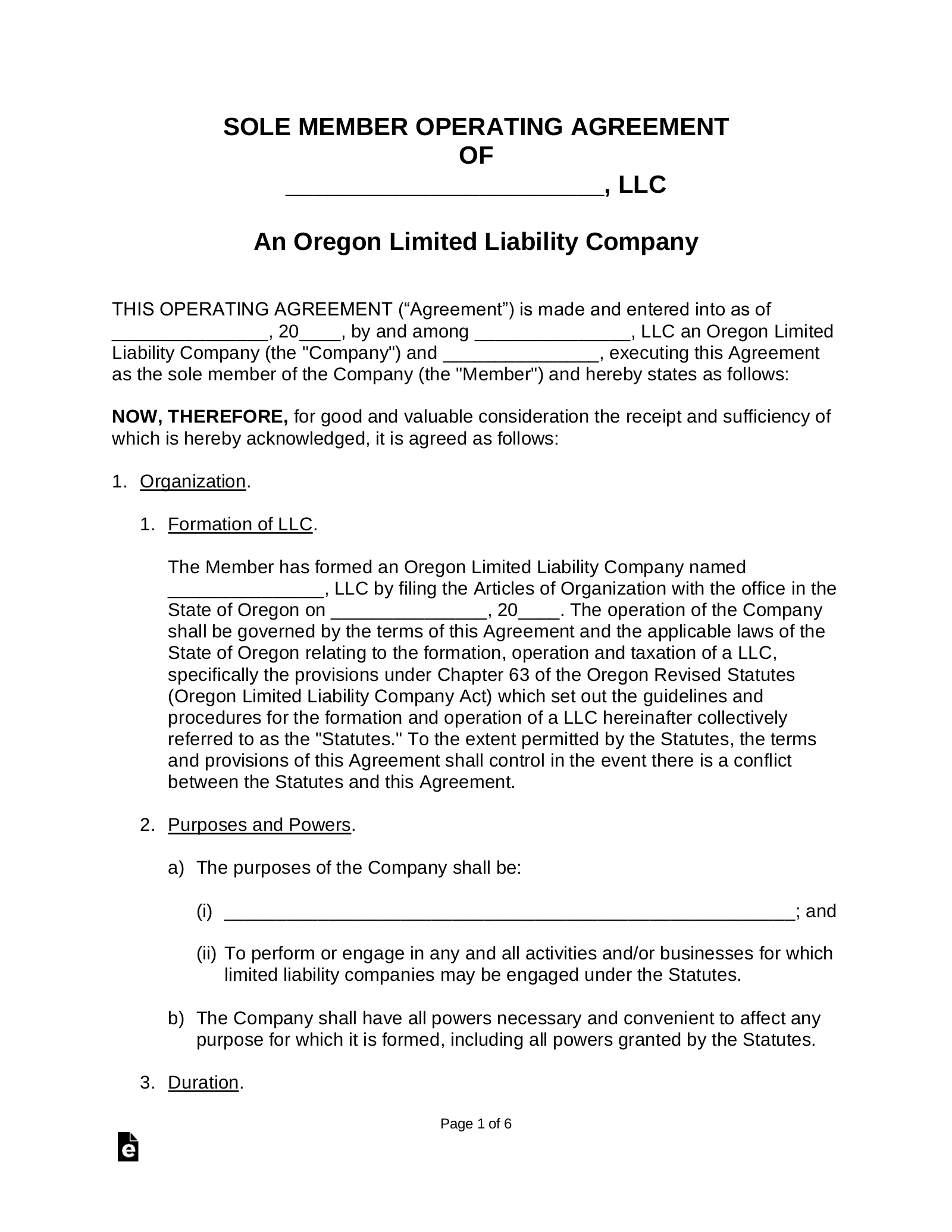 Oregon Single-Member LLC Operating Agreement Form