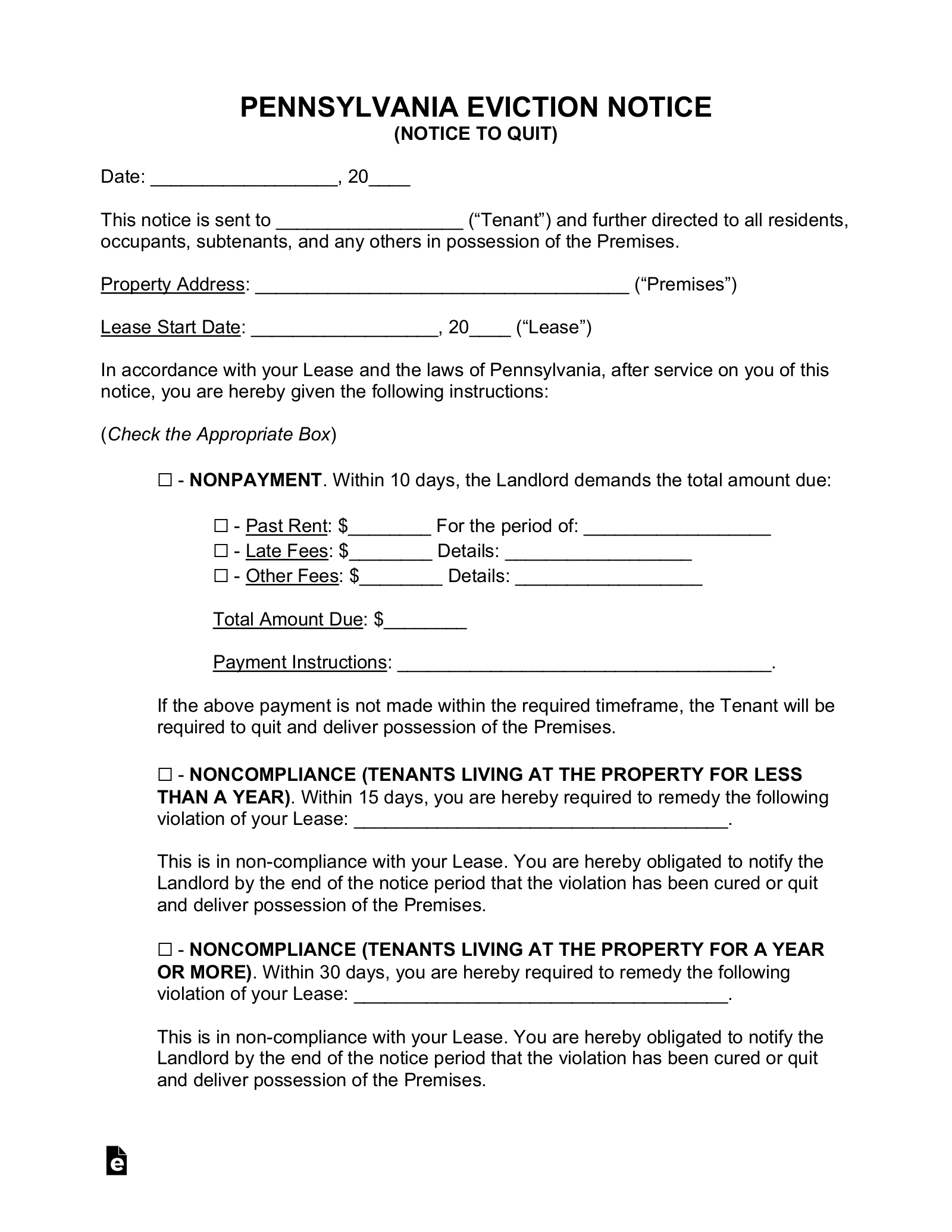 Free Pennsylvania Eviction Notice Forms (4) PDF Word eForms
