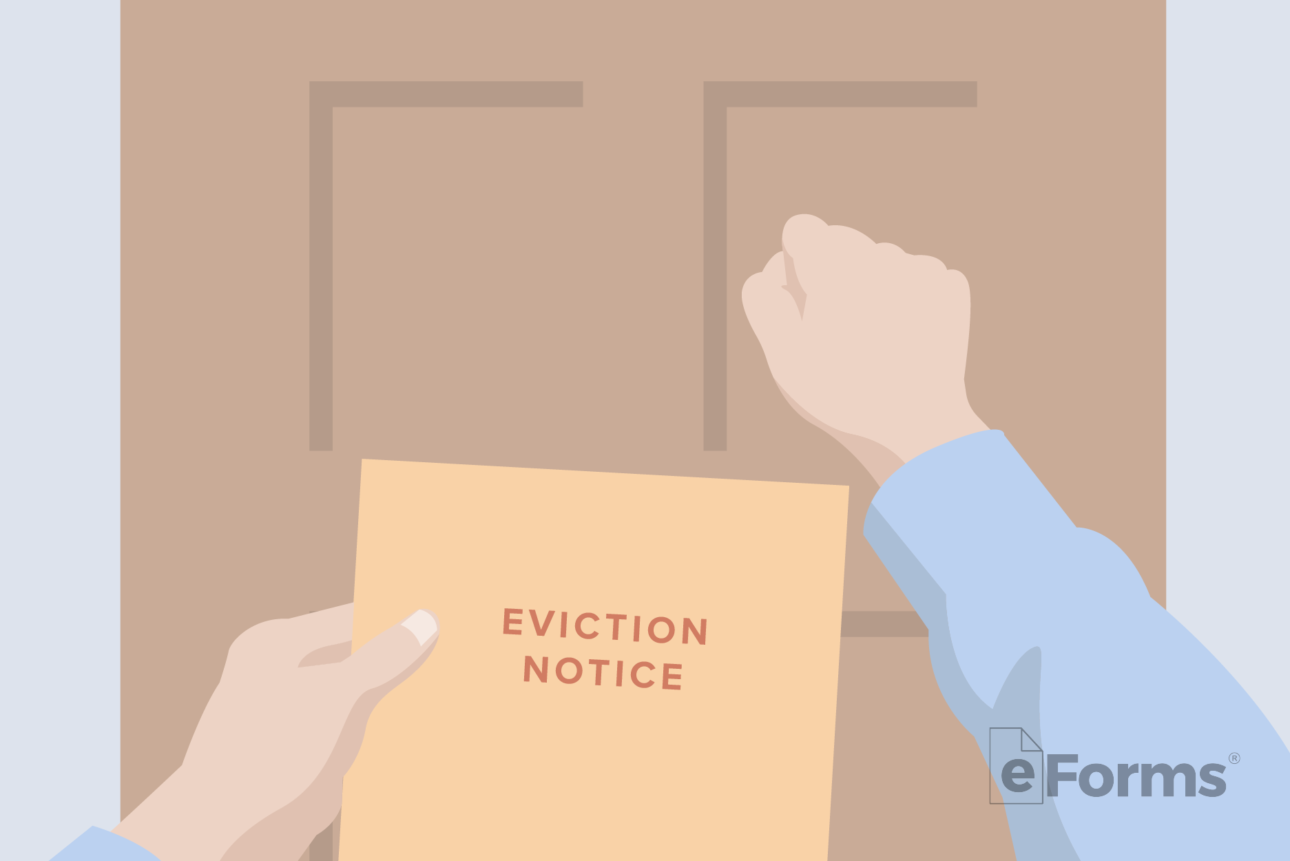 One hand holding eviction notice and the other hand knocking on door.