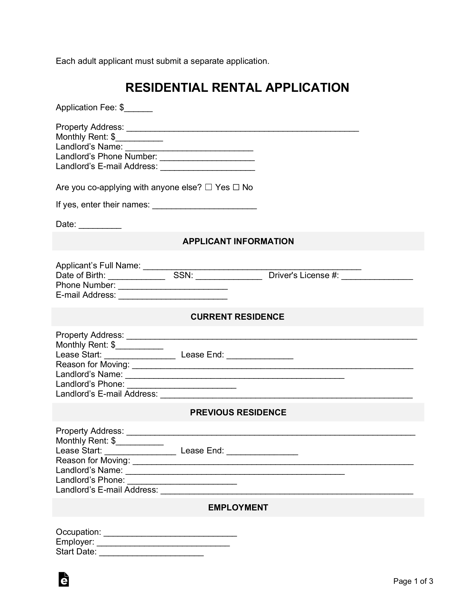 Free Rental Application Form PDF Word eForms