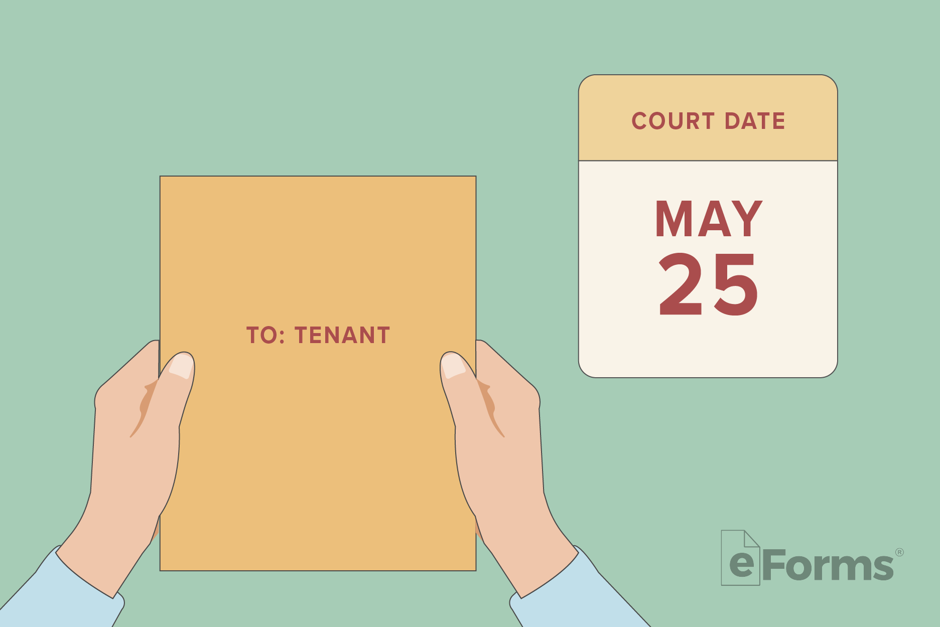 Hands holding Manila envelope for tenant with a calendar indicating the court date.