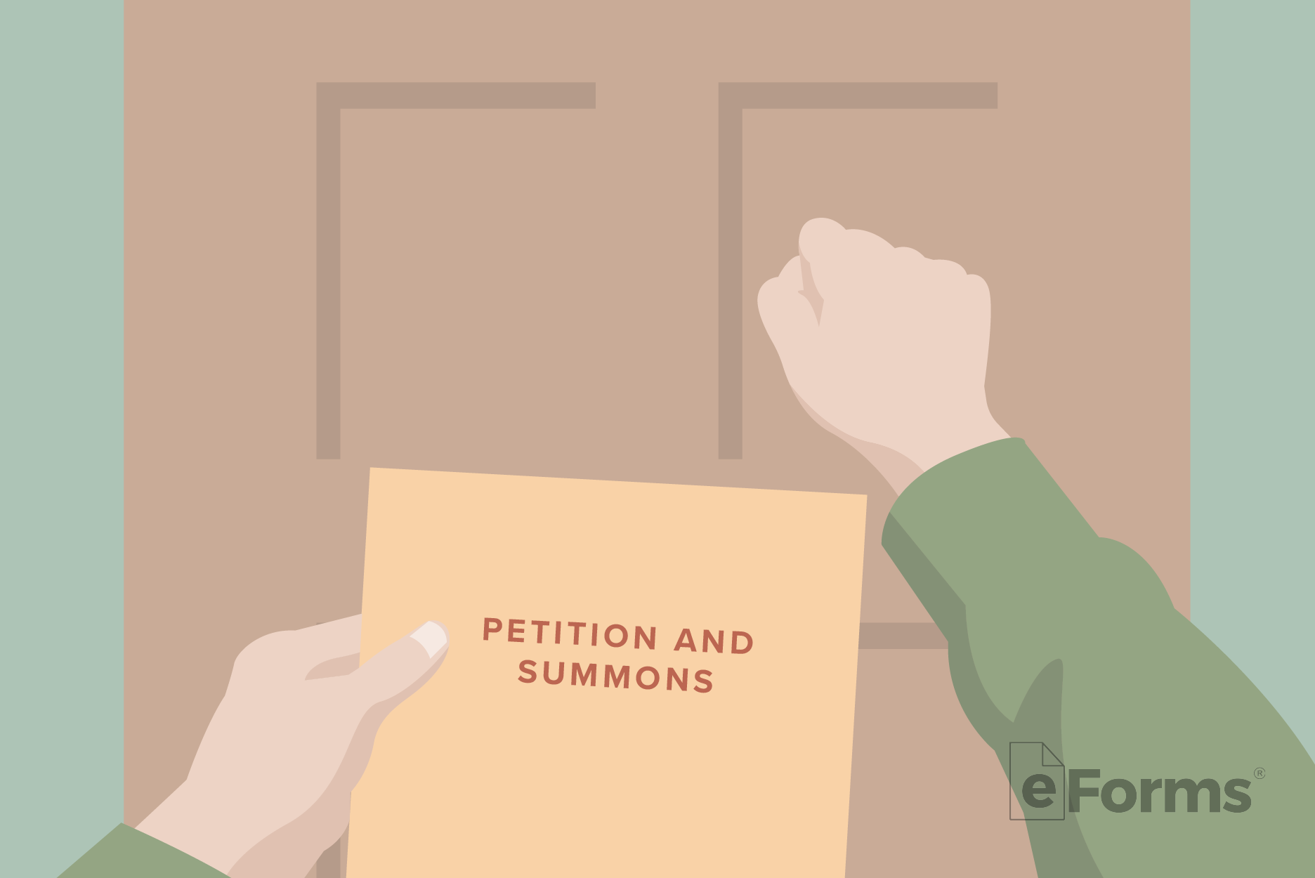 Pair of hands knocking on door while holding Petition and Summons envelope.