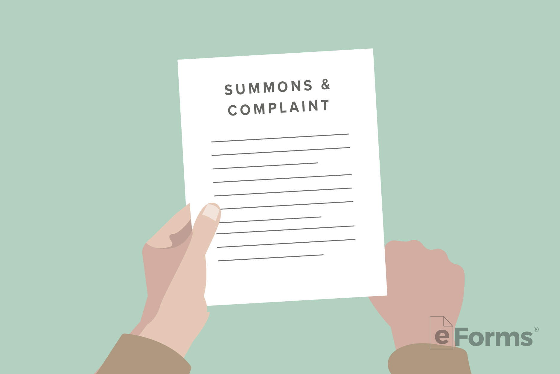 Hand holding Summons and Complaint document with other hand knocking.