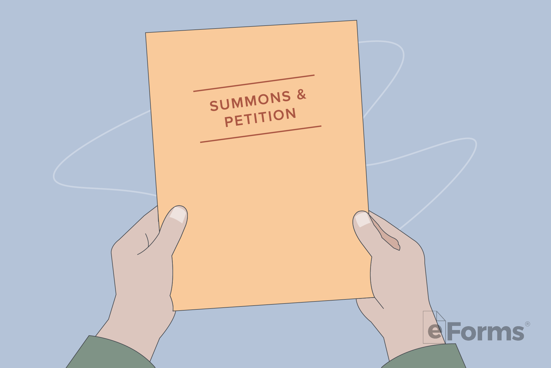Pair of hands holding envelope stamped with the words, "Summons and Petition."