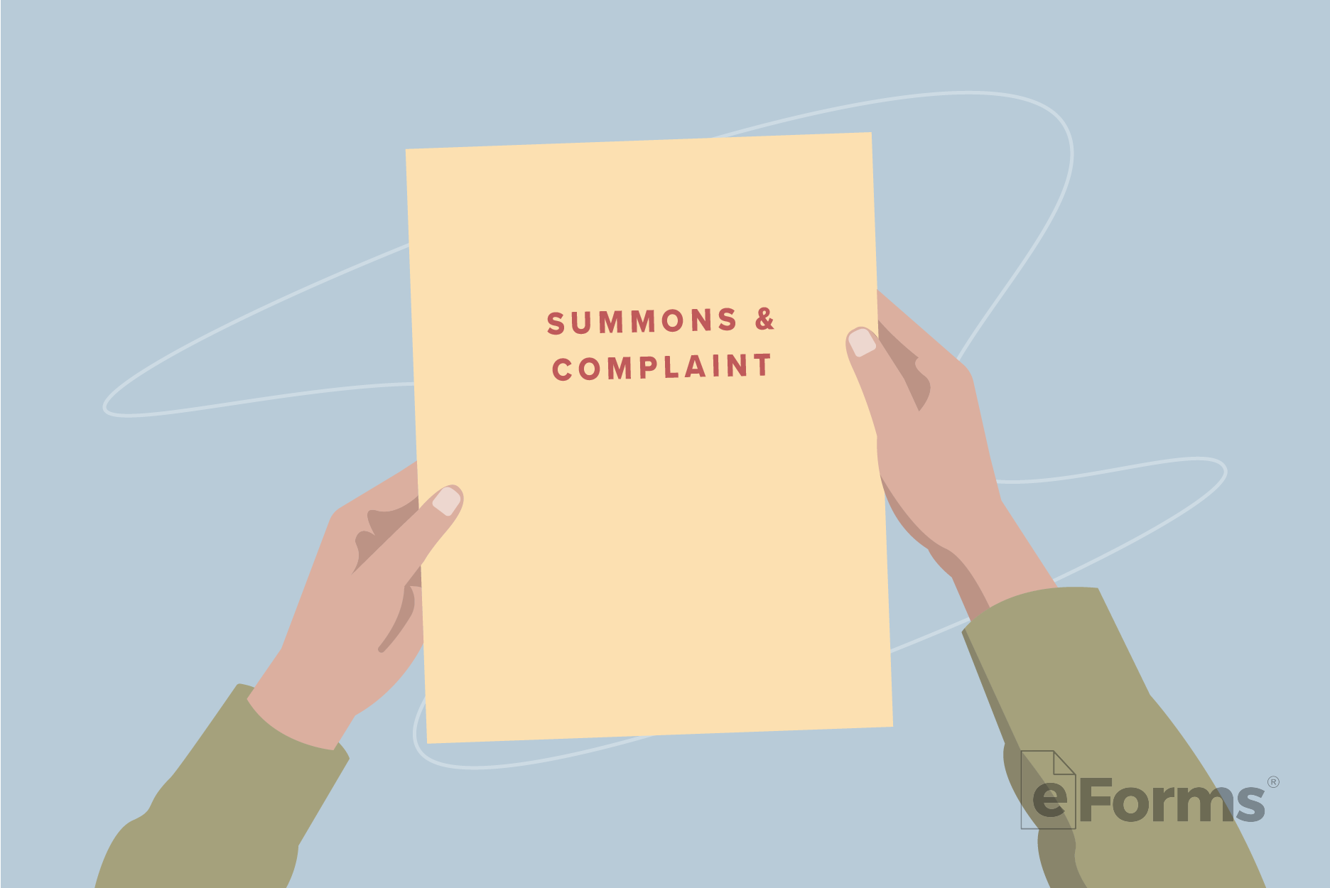 Pair of hands holding up a Manila Envelope with the words, "Summons & Complaint" stamped on it.