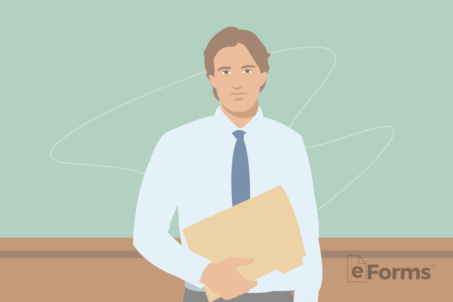 Illustration of a young male holding a file folder standing in a courtroom.