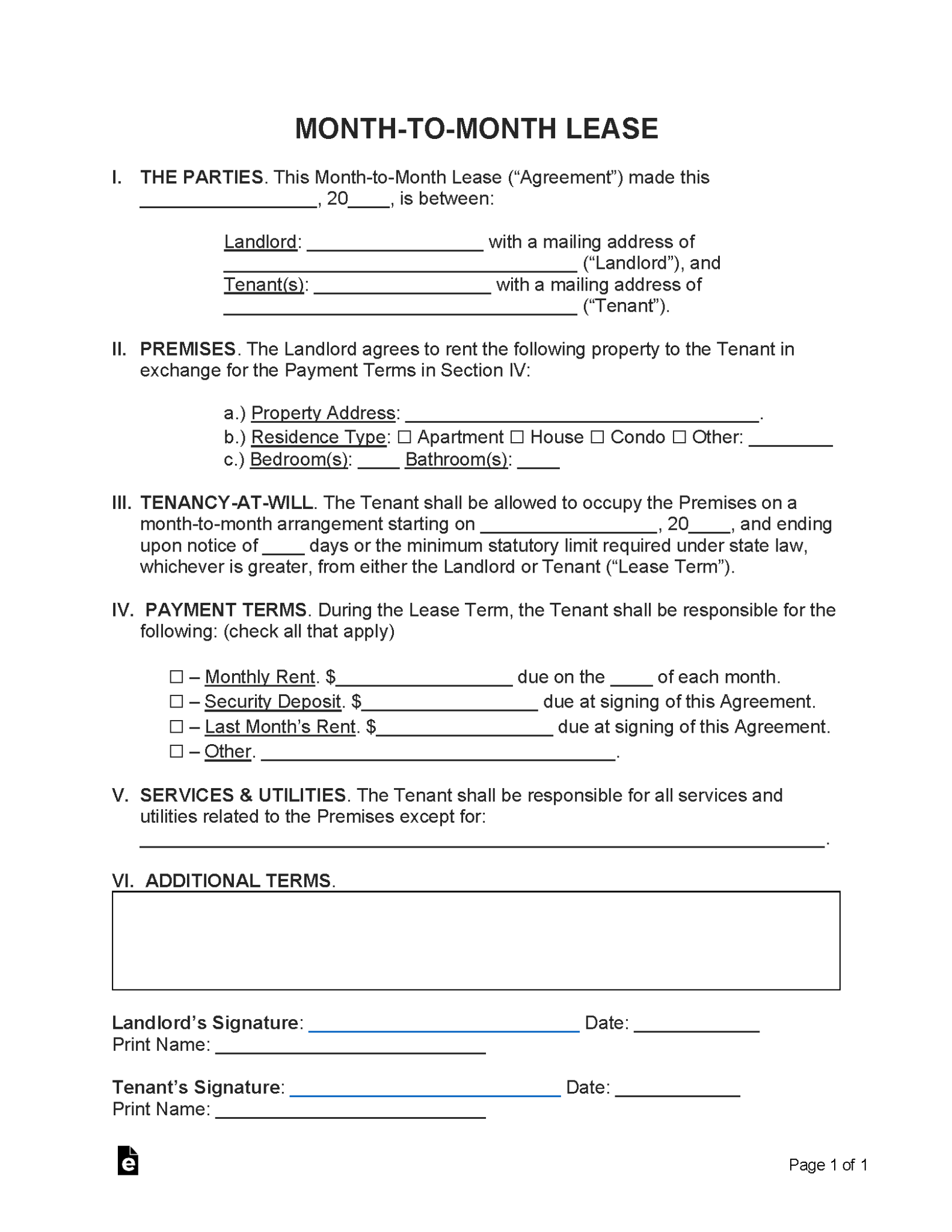 Free Month-to-Month Rental Agreement Template - PDF | Word – eForms