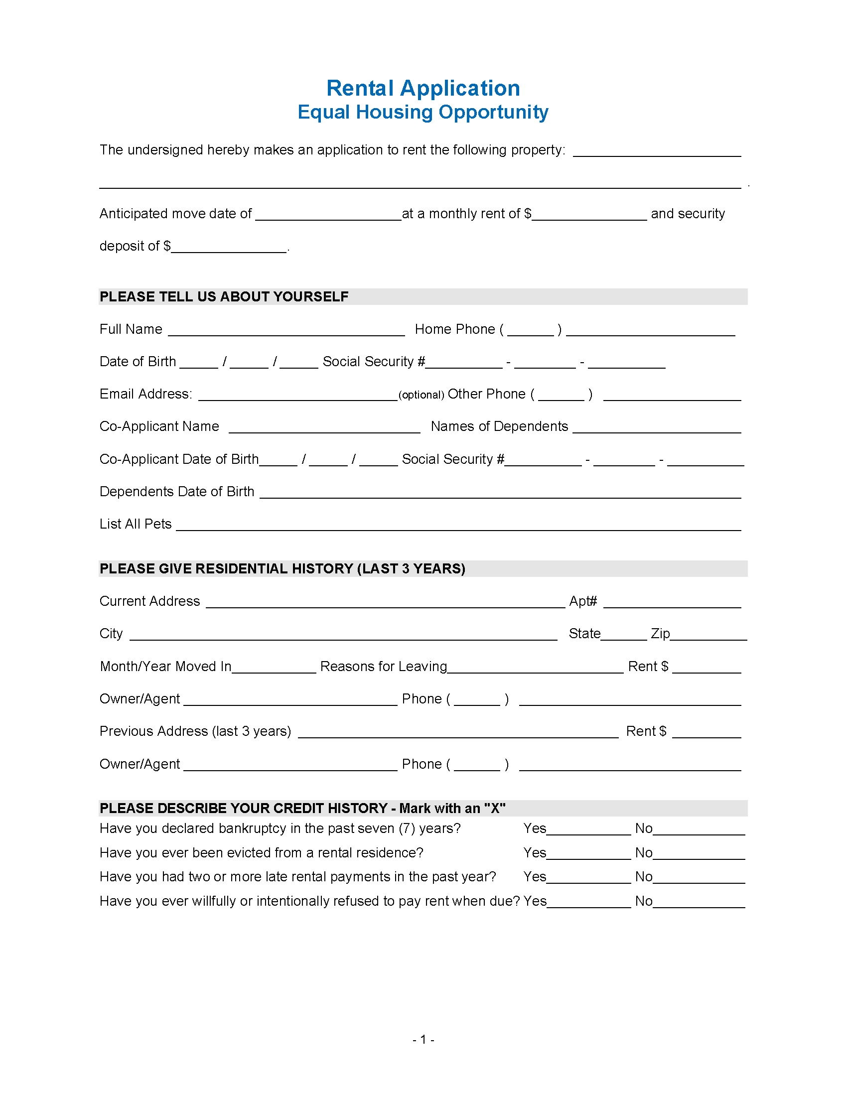 Free Rental Application Form PDF Word EForms