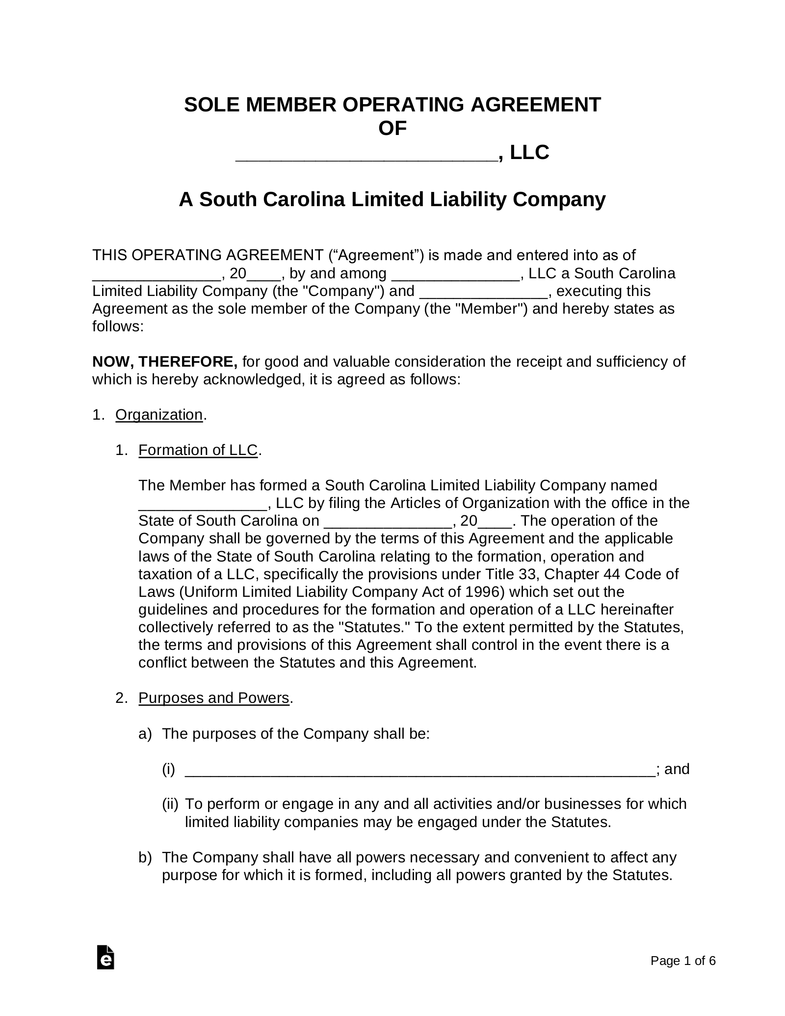 South Carolina Single Member LLC Operating Agreement Form