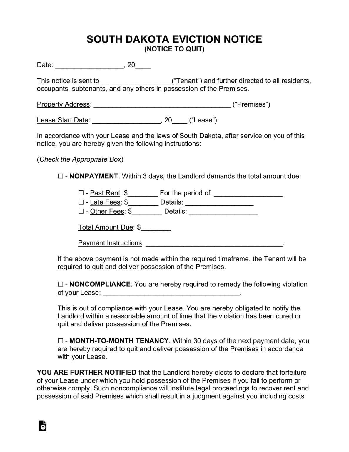 Free South Dakota Eviction Notice Forms (3) PDF Word eForms