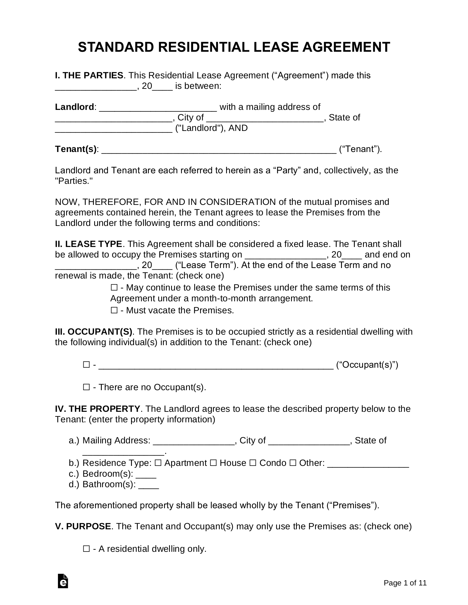 Free Standard Residential Lease Agreement Template Word Pdf Eforms