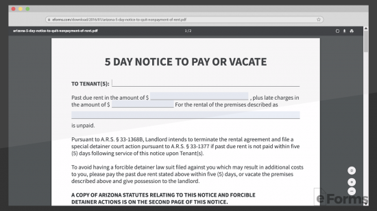 browser showing eforms 5 day notice to pay or vacate form 