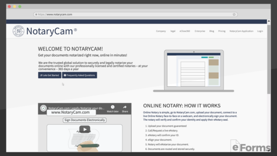 browser showing homepage of notarycam.com