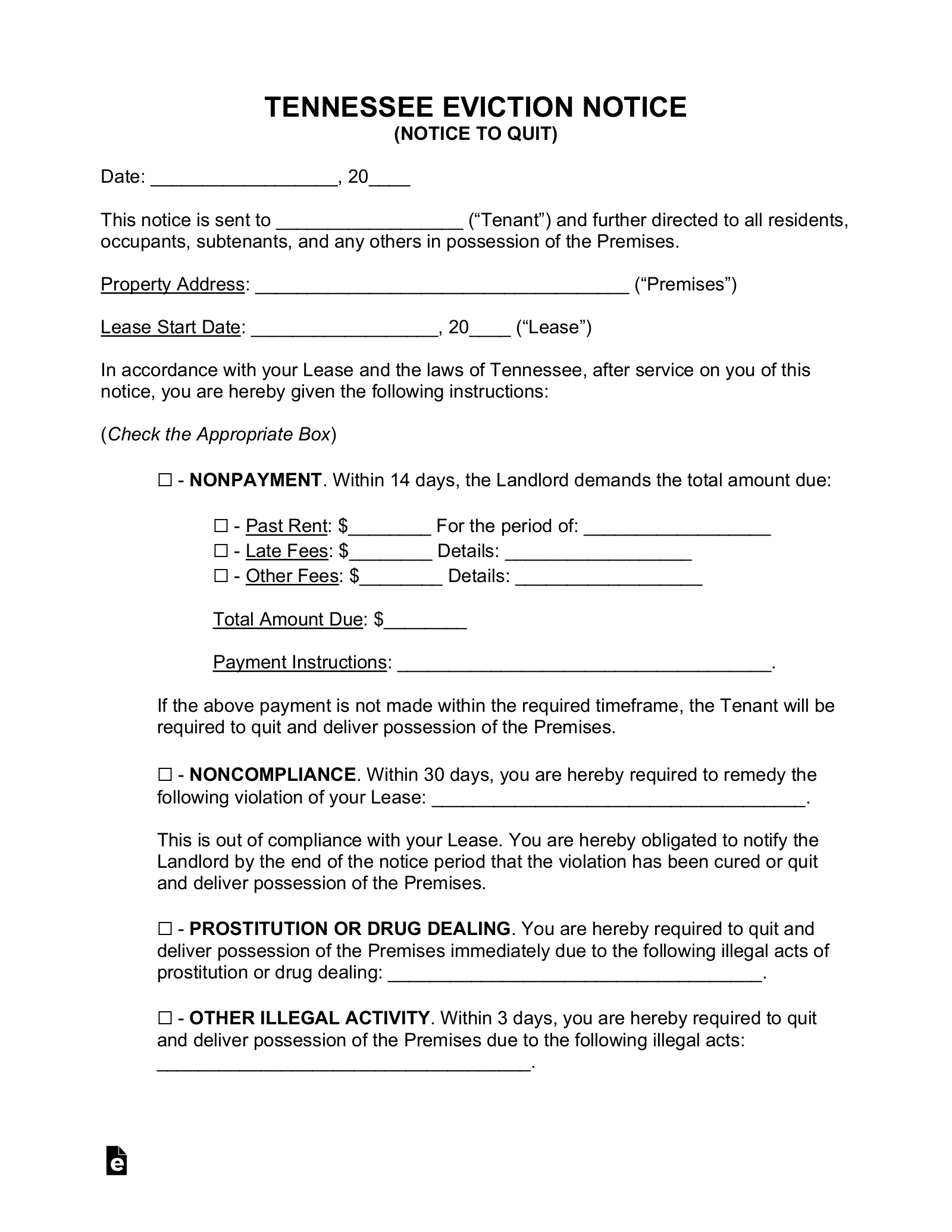 Free Tennessee Eviction Notice Forms (5) PDF Word eForms