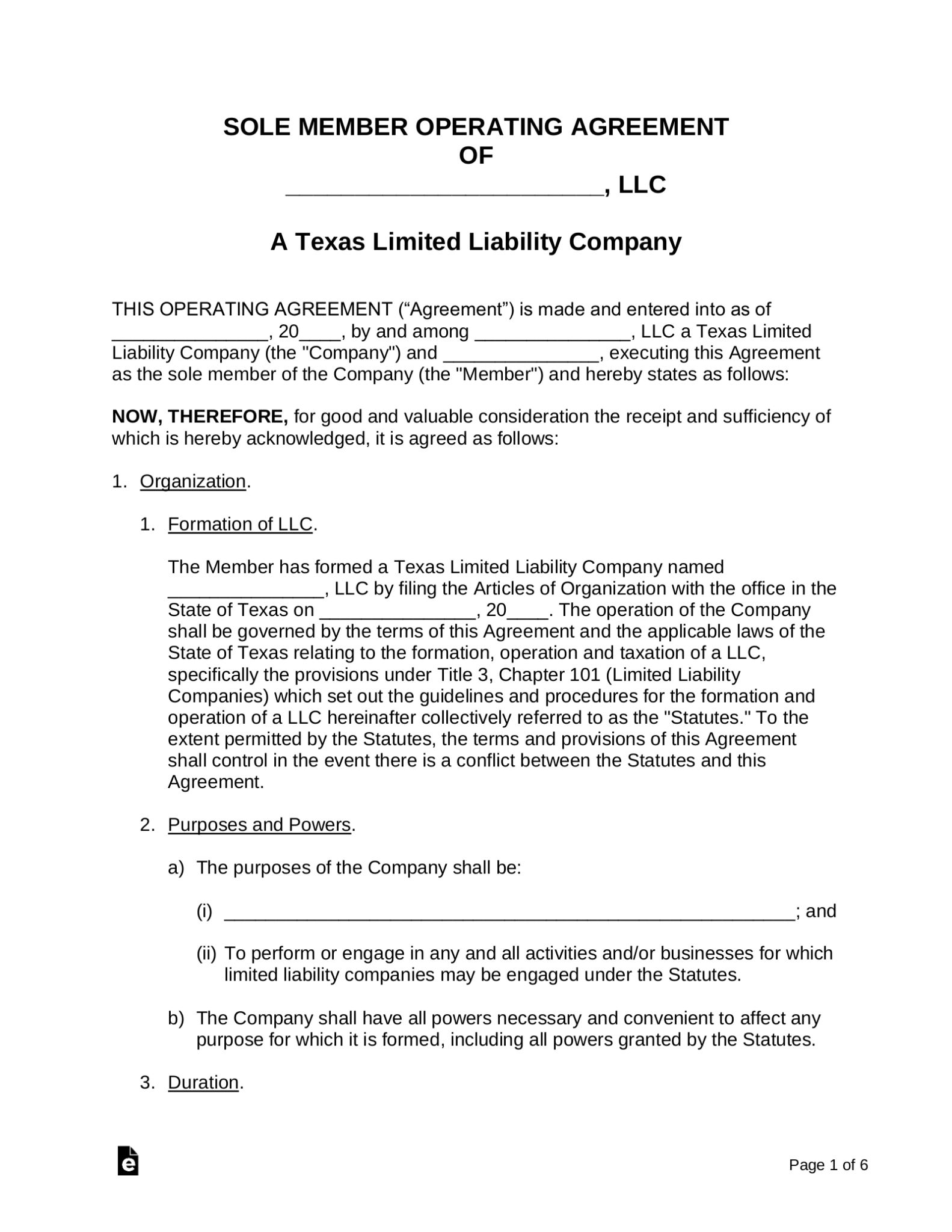 Free Texas Single Member LLC Operating Agreement Form PDF Word EForms
