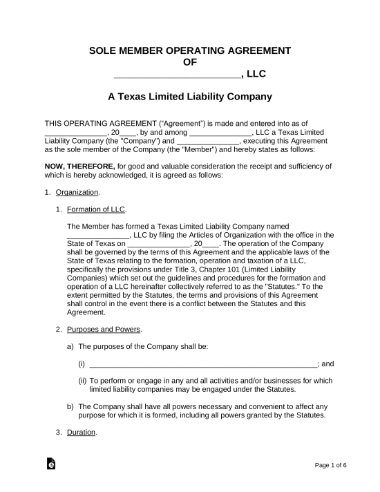 Texas Single-Member LLC Operating Agreement Form