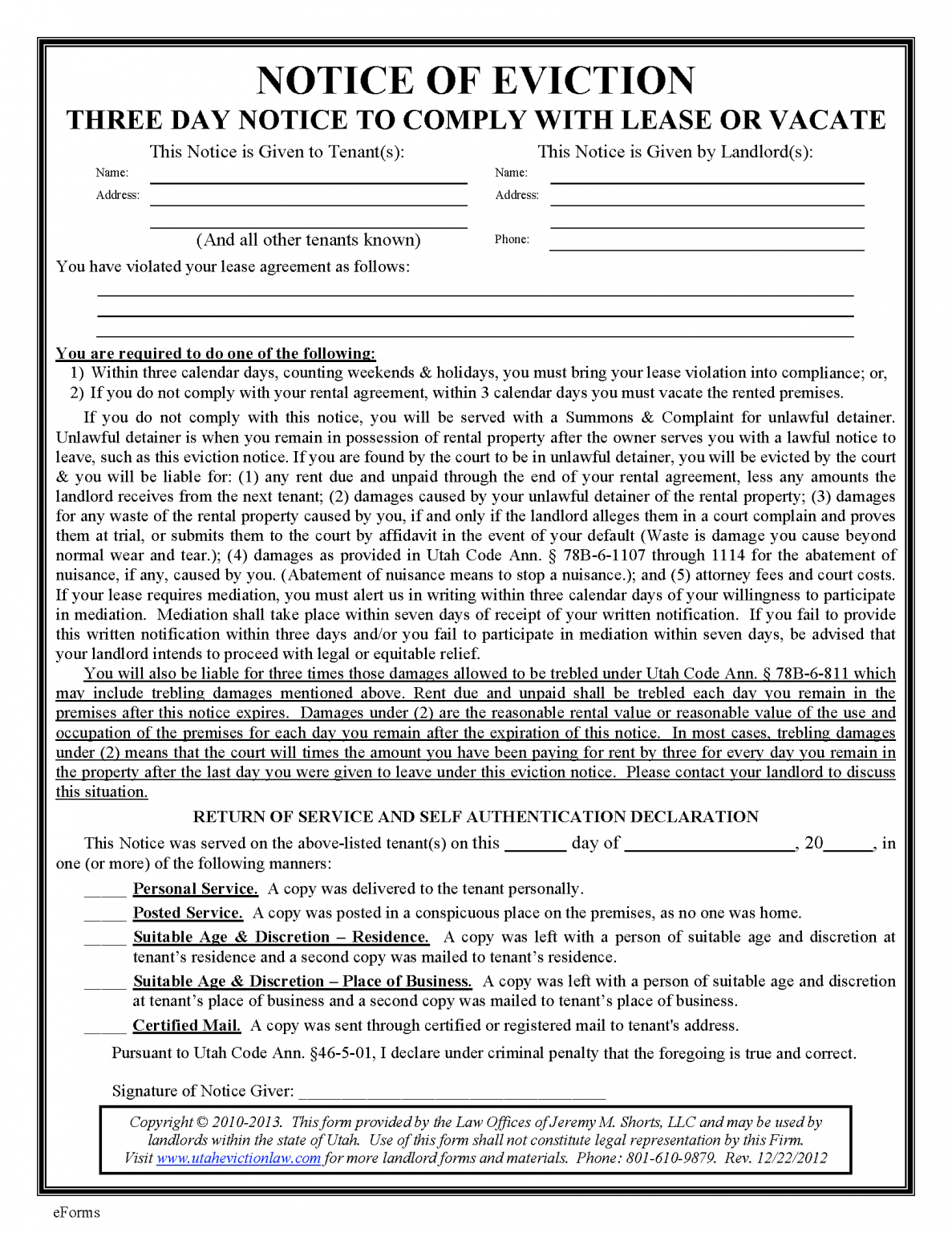 Free Utah 3-Day Notice to Comply or Quit | 1st & 2nd Violations - PDF ...