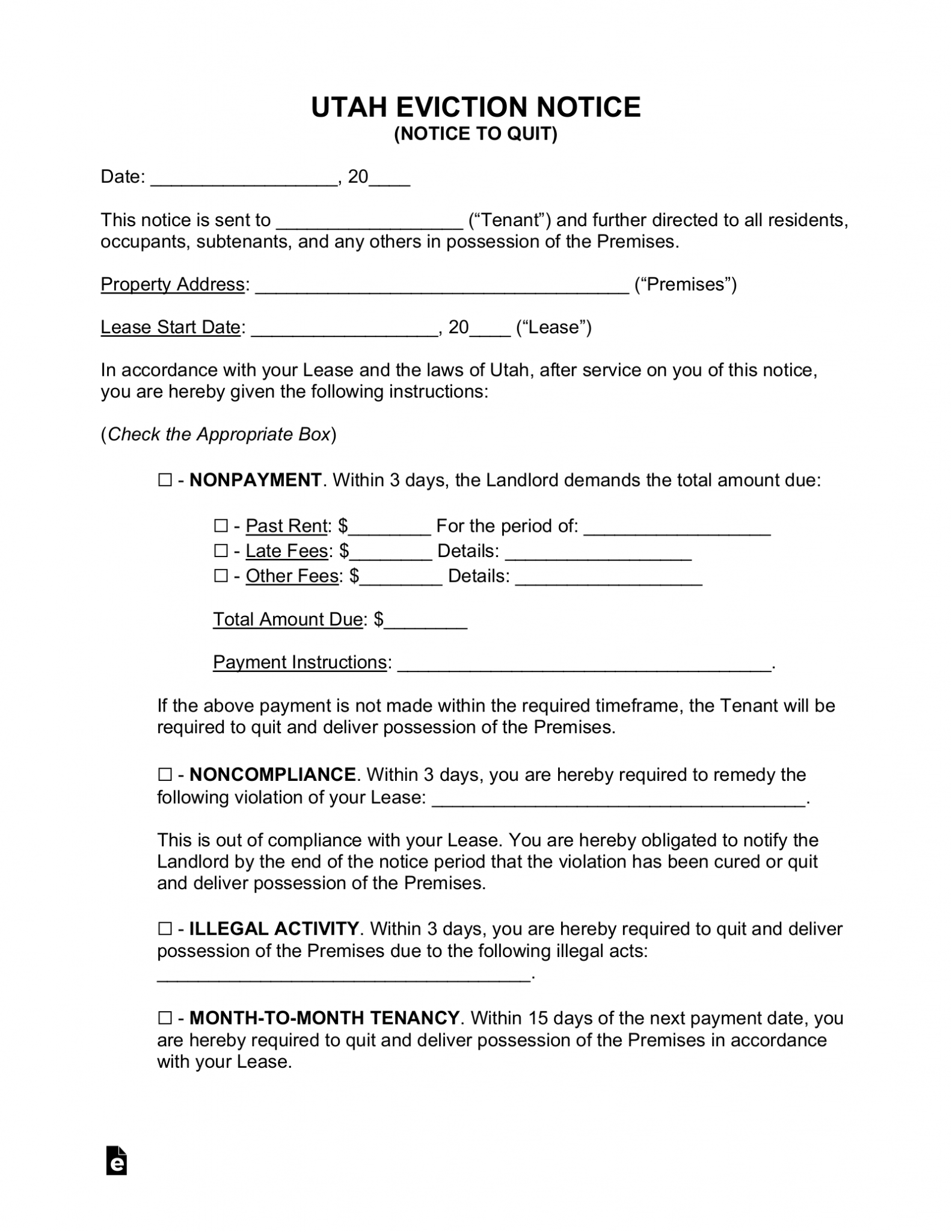 Free Utah Eviction Notice Forms 4 Pdf Word Eforms