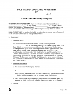 Utah Single-Member LLC Operating Agreement Form