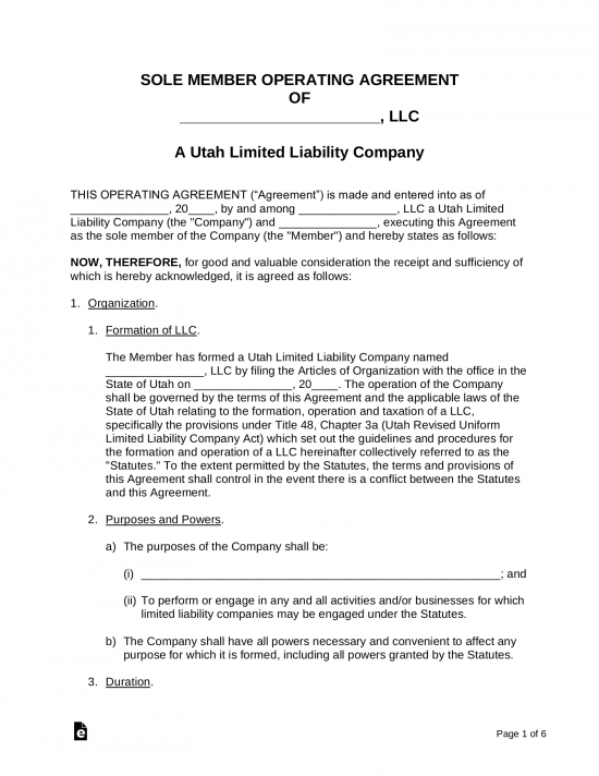 Free Utah Single Member LLC Operating Agreement Form PDF Word eForms