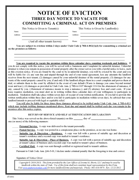 Free Utah 3Day Notice to Quit Form Illegal Activity PDF eForms