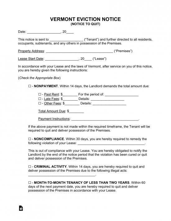 Vermont Eviction Notice Forms (4)