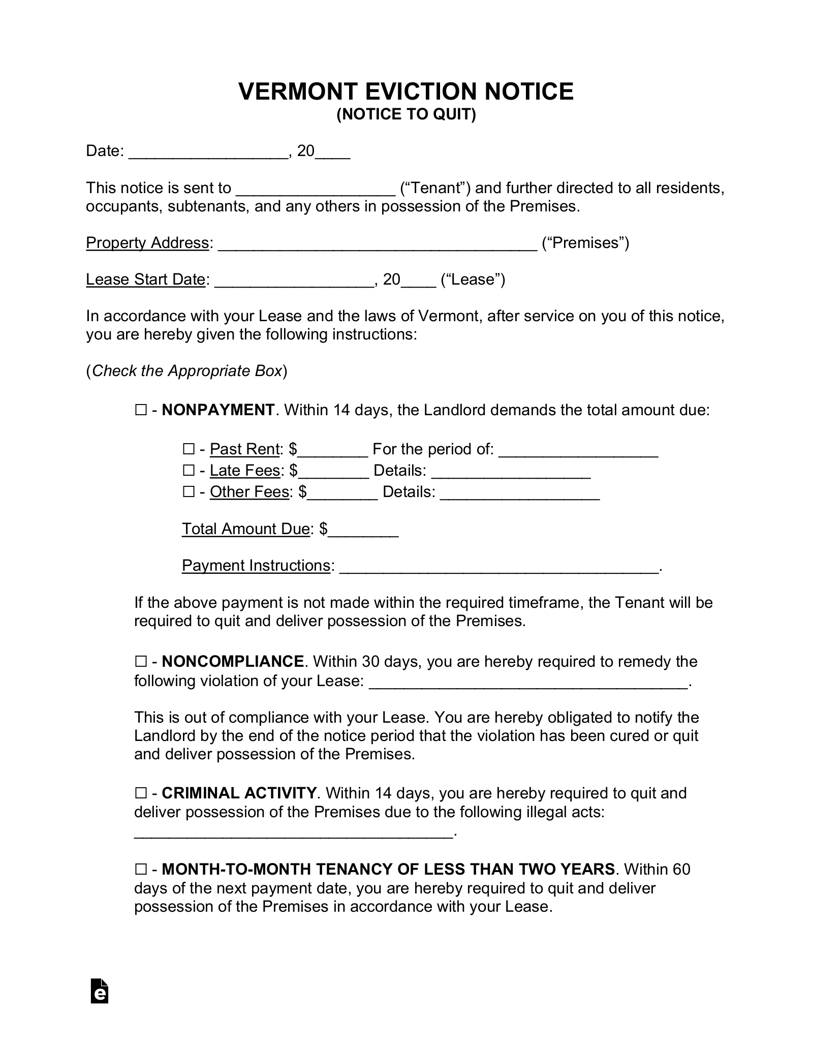 Free Vermont Eviction Notice Forms 4 PDF Word EForms