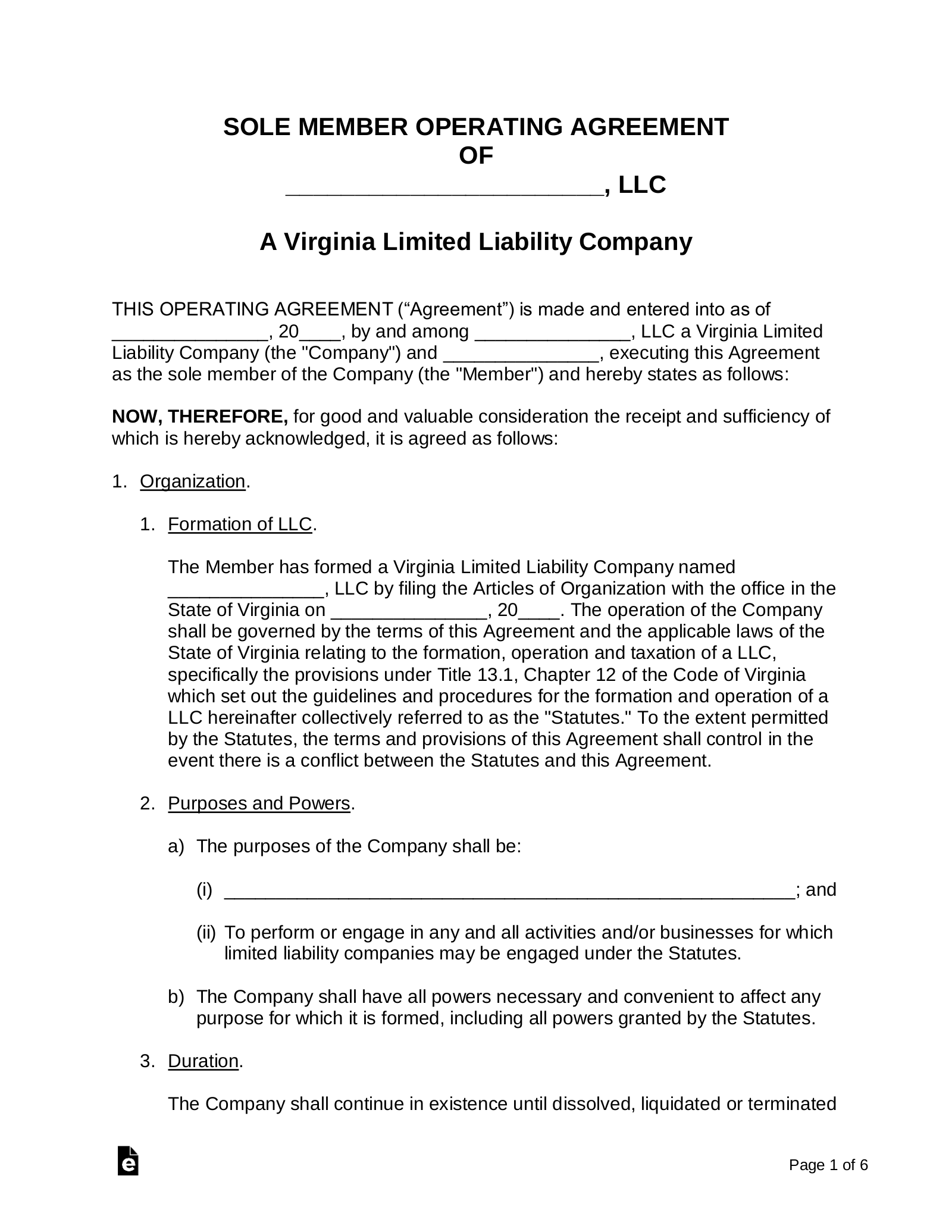 Virginia Single Member LLC Operating Agreement Form
