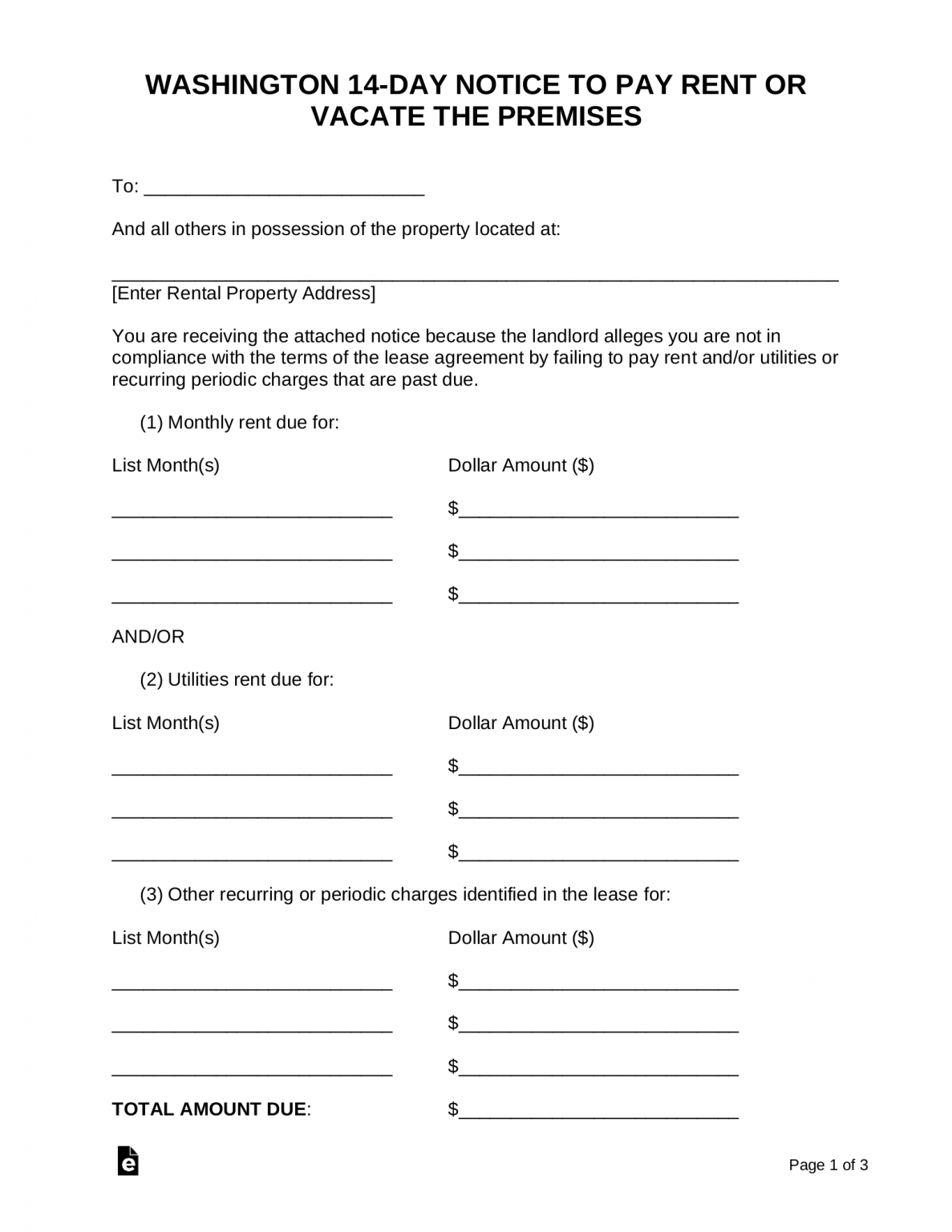 Free Washington 3-Day Notice to Quit Form | Illegal Activity - PDF ...