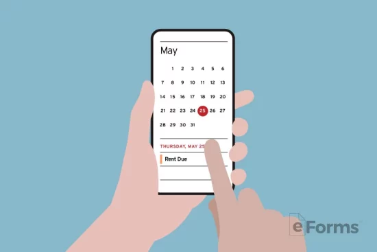 Hand holding smart phone with other hand pointing to calendar app.