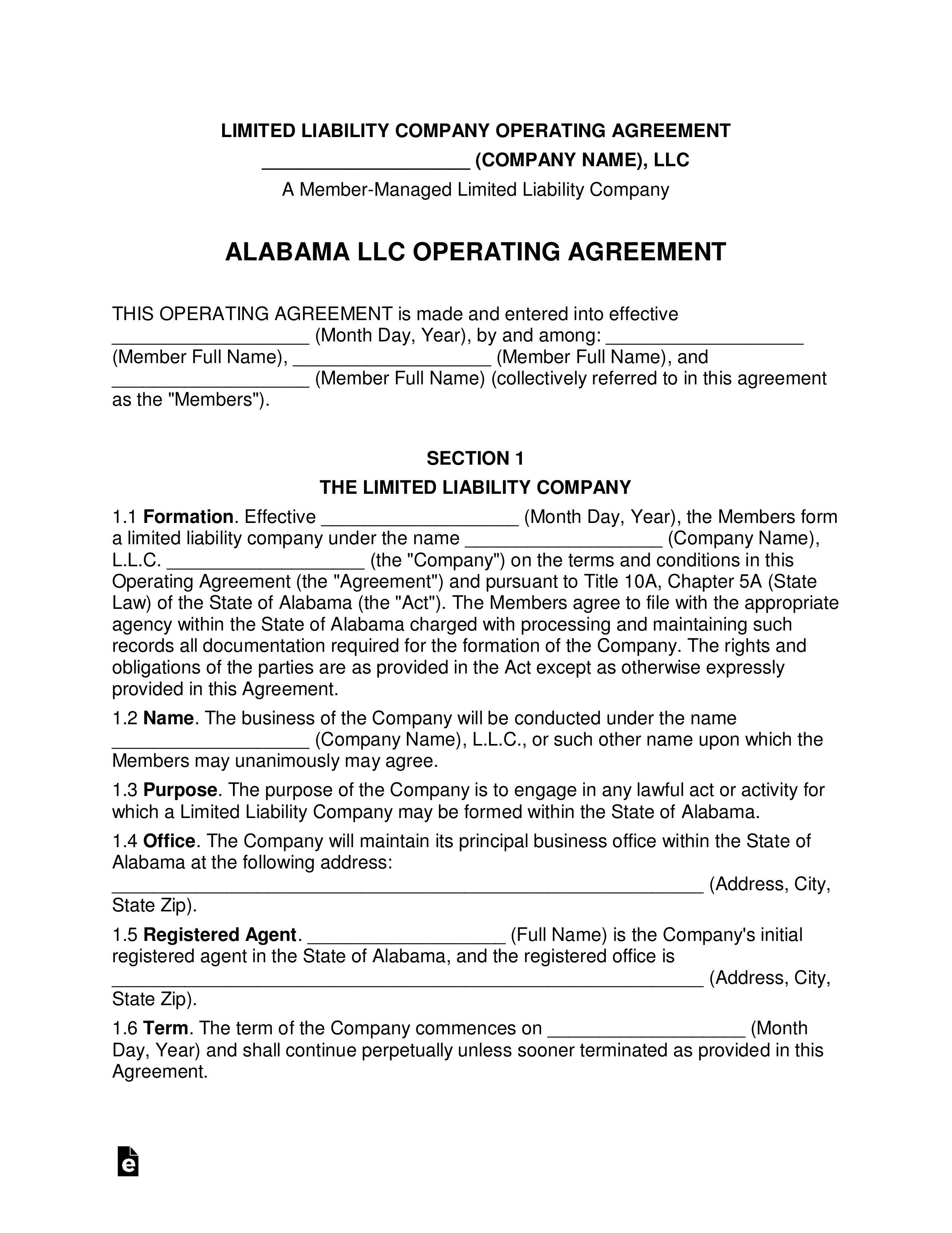 Alabama Multi-Member LLC Operating Agreement Form