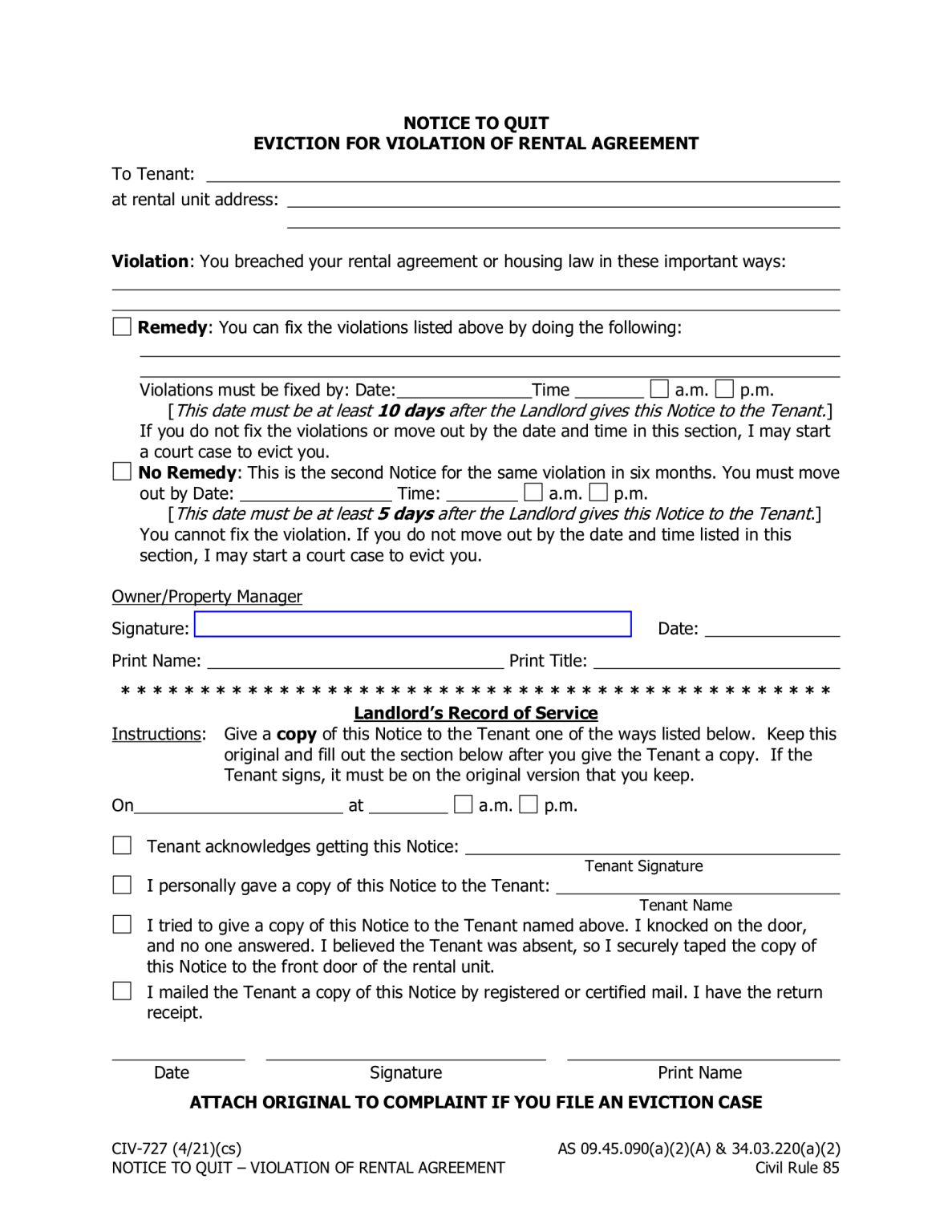 Free Alaska 5/10 Day Notice to Quit (Non-Compliance) | Form CIV-727 ...