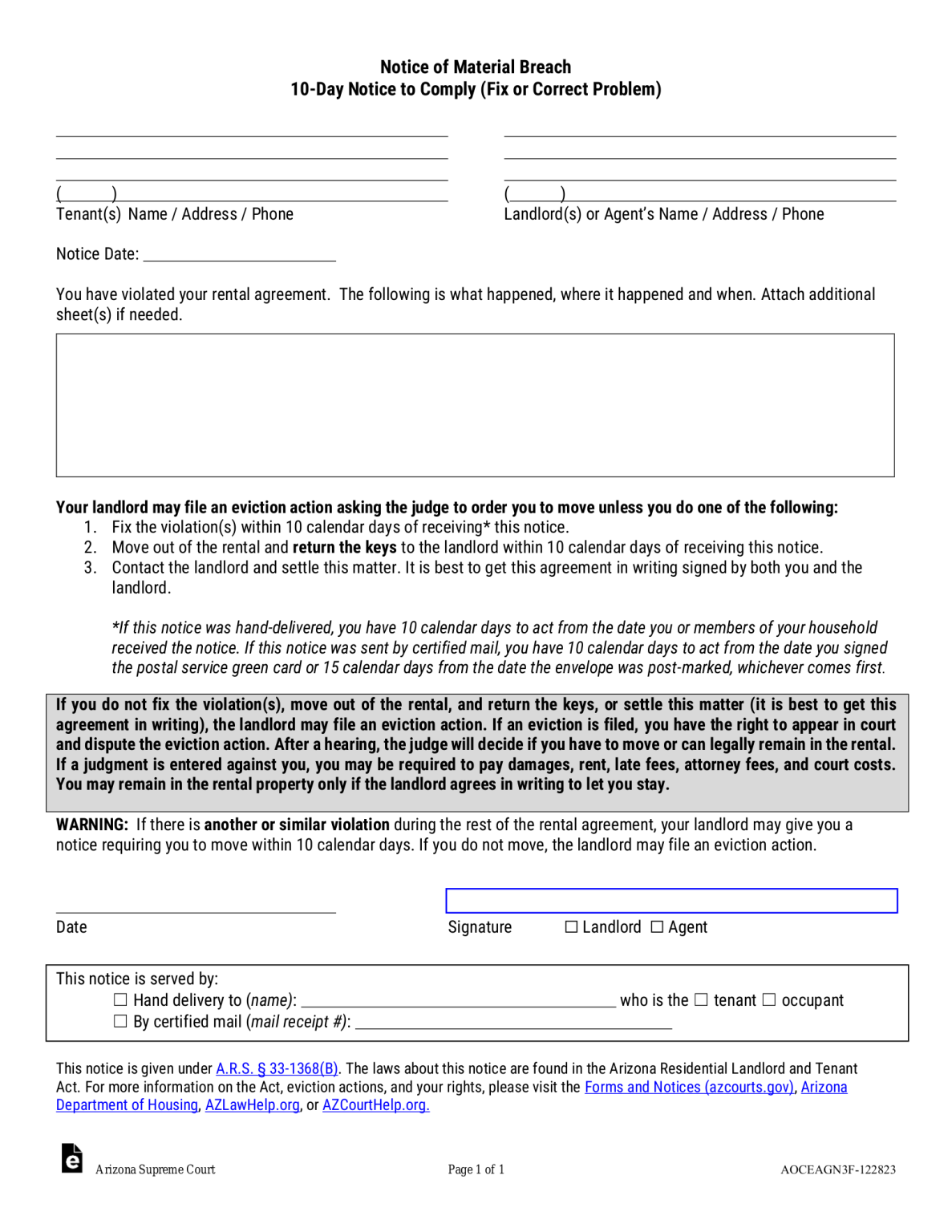 Free Arizona Eviction Notice Forms 5 Pdf Word Eforms 8843