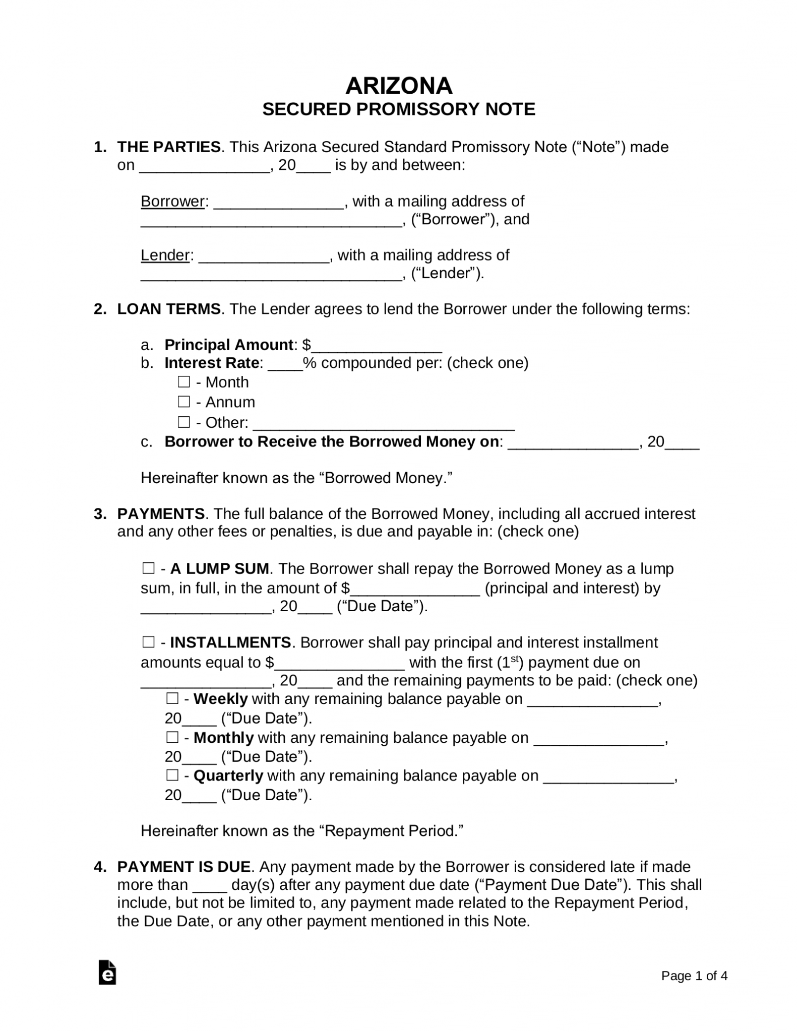 Free Arizona Secured Promissory Note Template PDF Word eForms