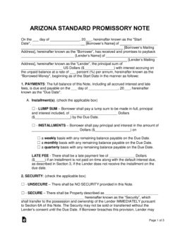 Arizona Promissory Note Templates (2)