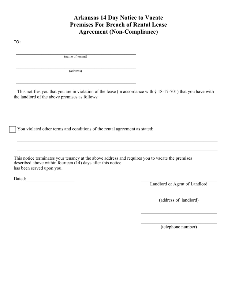 Free Arkansas 14Day Notice to Quit Form PDF eForms
