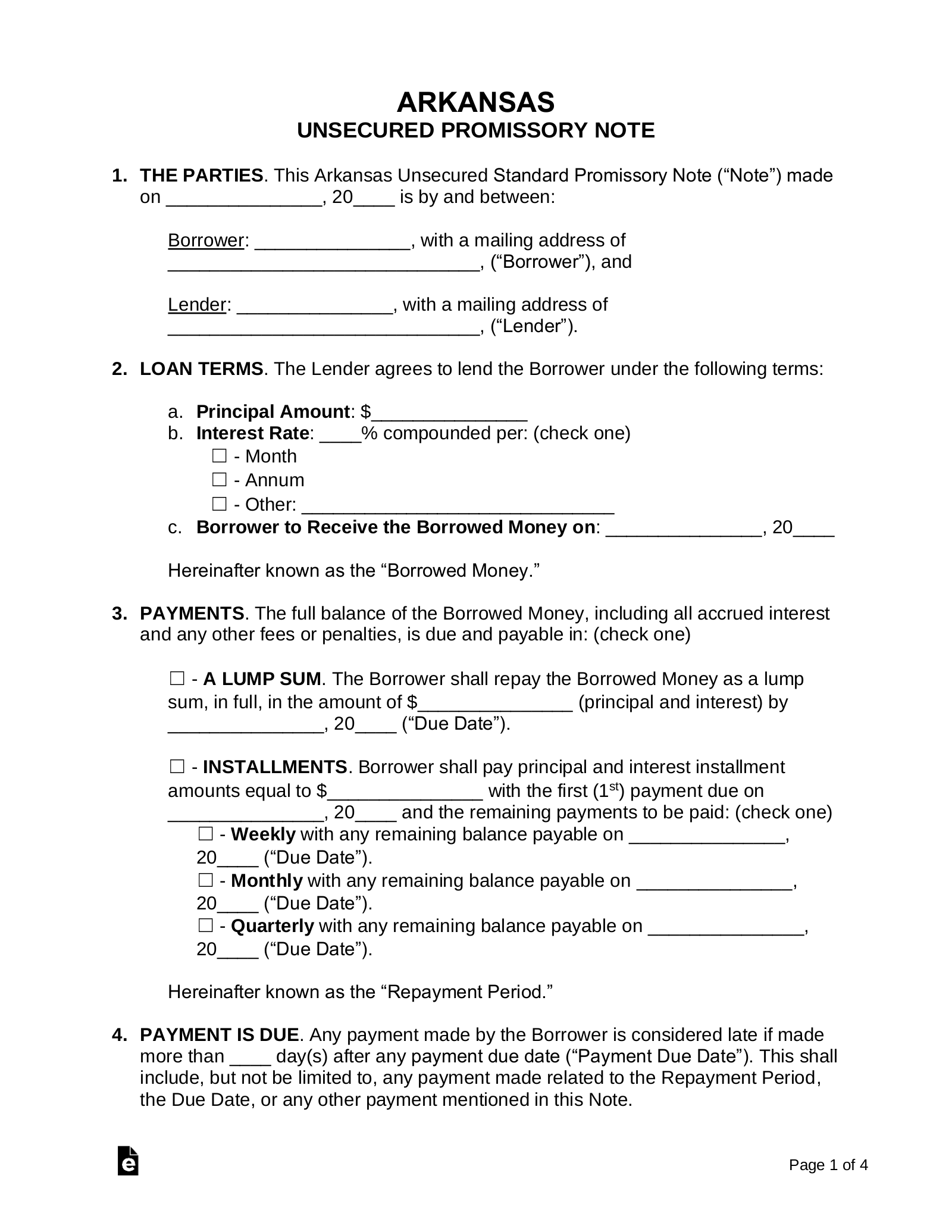 Arkansas Unsecured Promissory Note Template