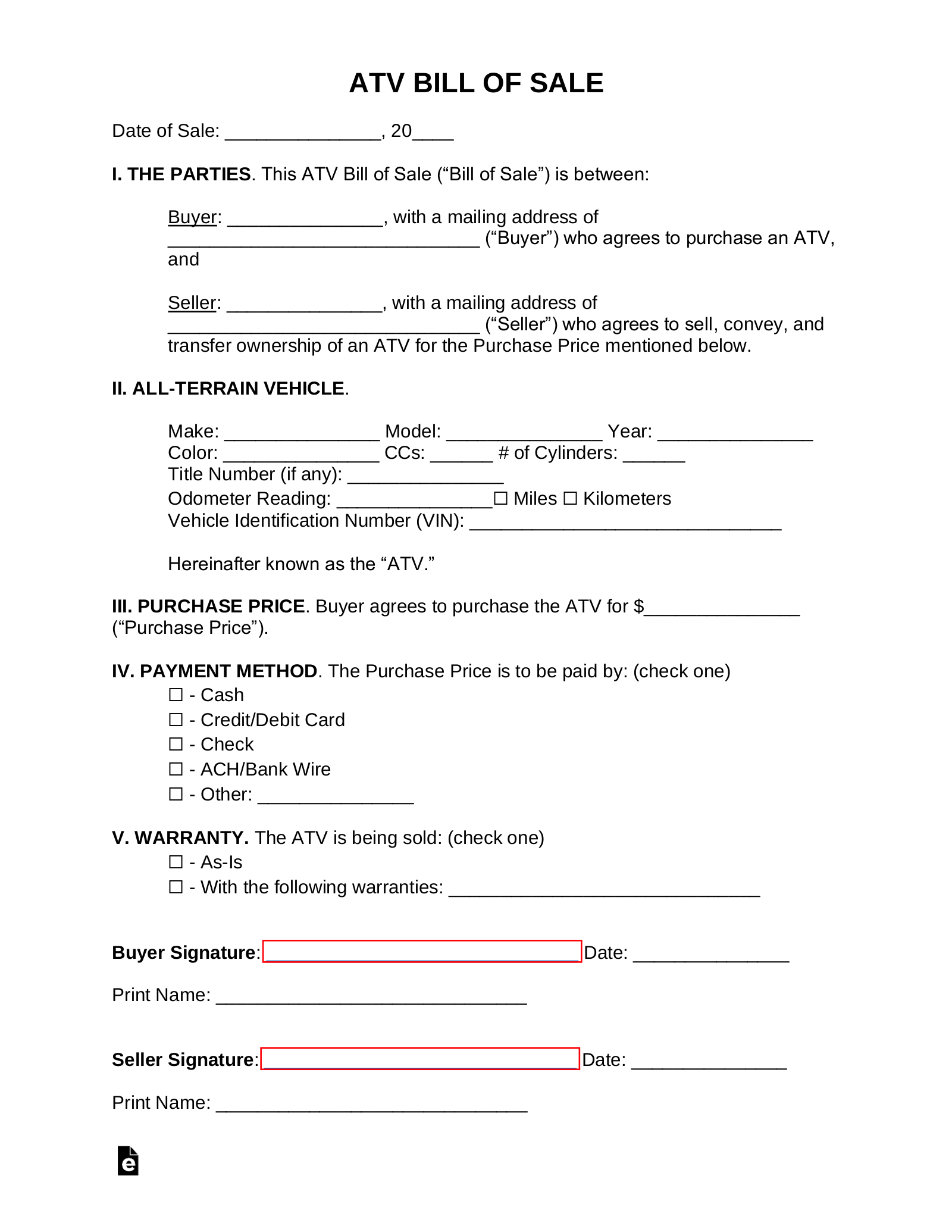 Free AllTerrain Vehicle (ATV) Bill of Sale Form Word PDF eForms
