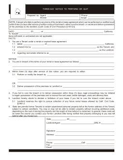 California 3-Day Notice to Quit Form | Non-Compliance (Curable)