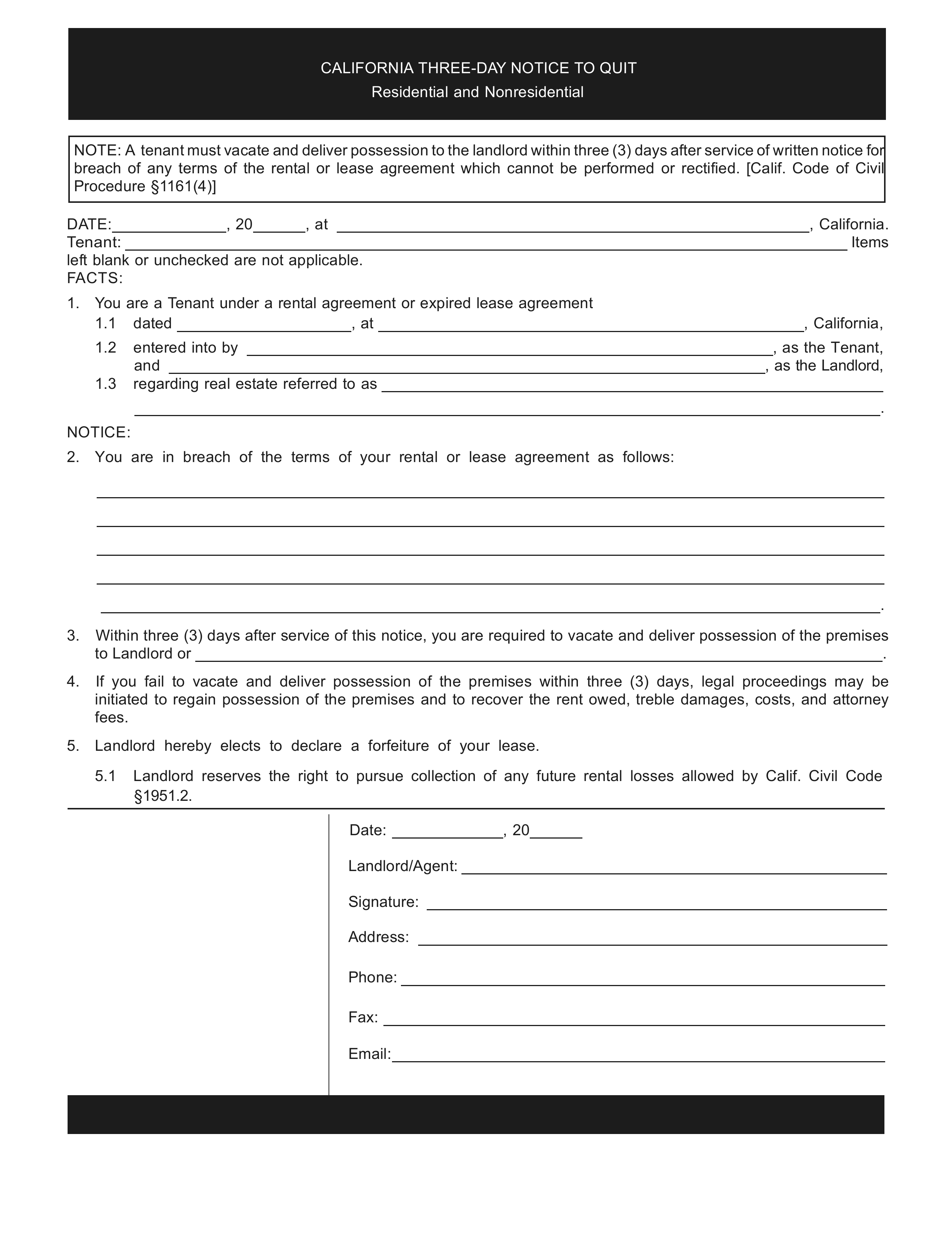 California 3-Day Notice to Quit Form | Non-Compliance (Incurable)