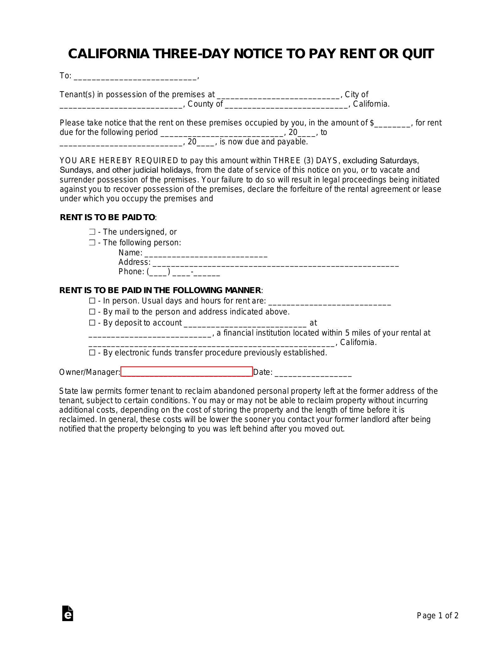 California 3-Day Notice to Quit Form | Non-Payment of Rent