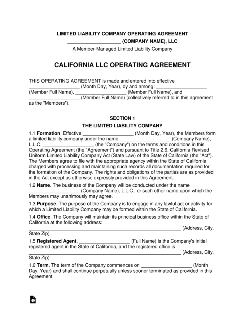 Free California Multi Member LLC Operating Agreement Form PDF Word 
