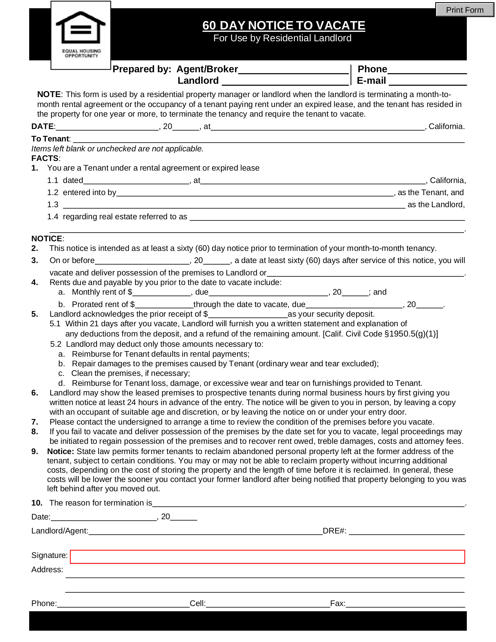Free California Lease Termination Letter Form  7-Day Notice