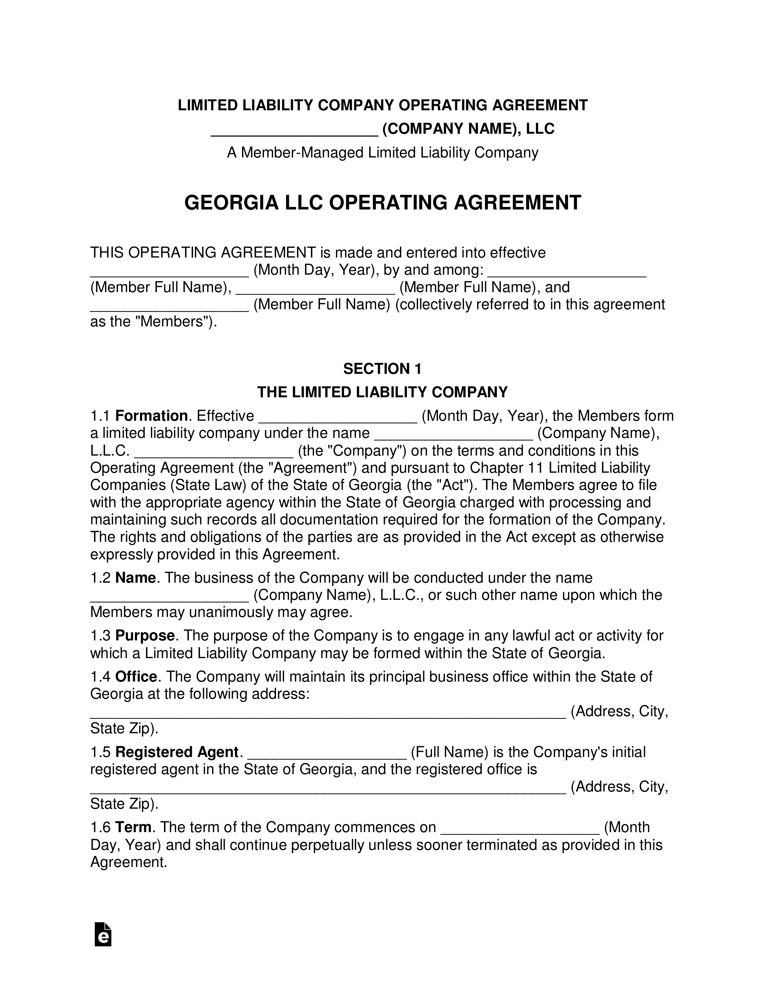Georgia Multi-Member LLC Operating Agreement Form
