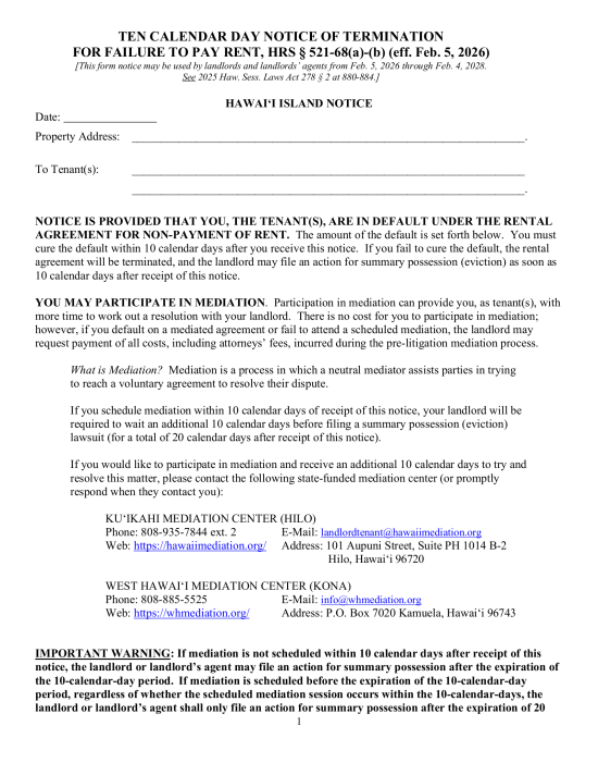 Hawaii 10-Day Notice to Quit Form | Non-Payment of Rent